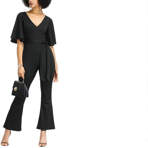 Elegant Butterfly Sleeve V-Neck Flared Pants Fashion Sense Jumpsuit with Belt - Picture 2 of 12